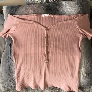 Pink Ribbed Crop Top with Cap Sleeves